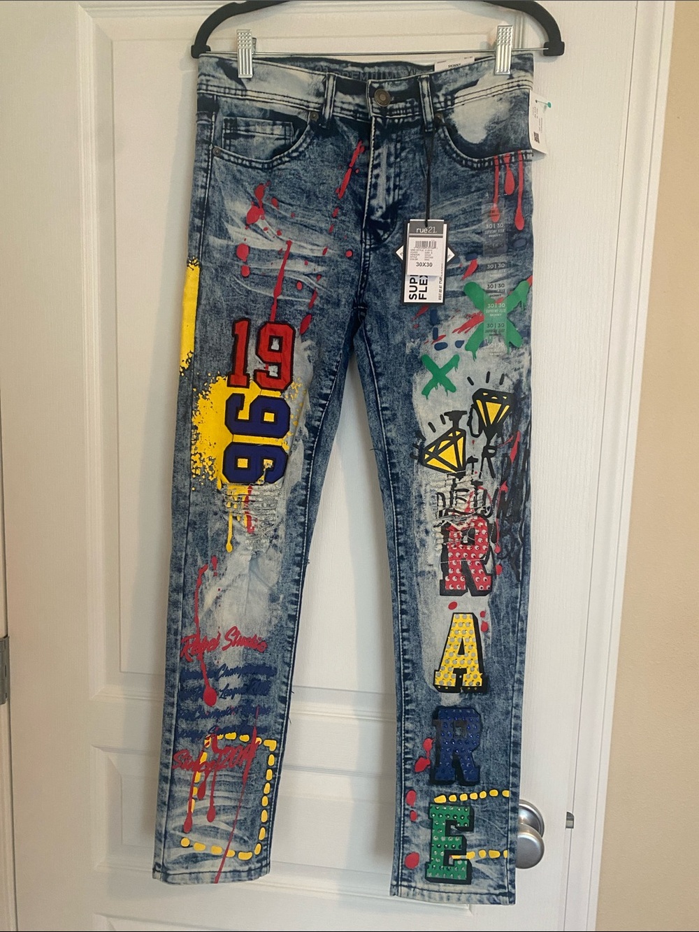 Rue21 Paint-Splatter COOL GRAFFITI Graphic Dark Denim SKINNY Jeans NWT 
Sz 30x30